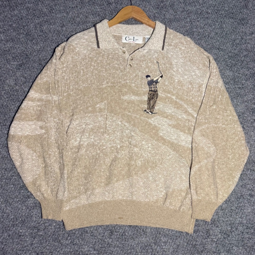 Vintage Cypress Links Golf Sweater Wear Tan Embroidered Golfer Mens Size Large